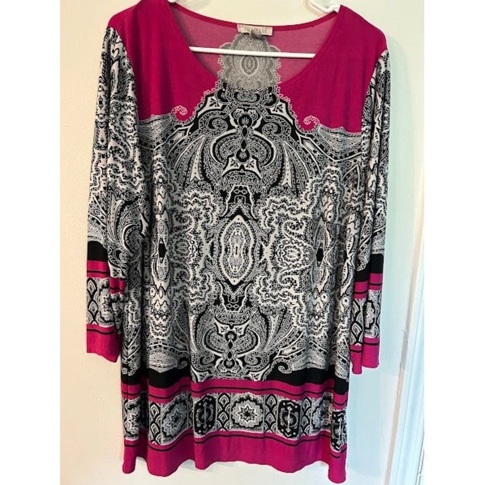 Roz & Ali Pink‎ Paisley Border Print 3/4 Sleeve Tunic Top Womens 1X Knit Blouse